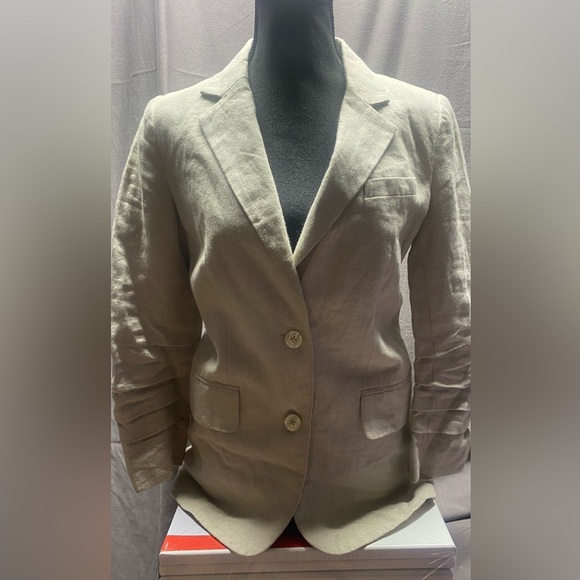 Michael Kors Linen Khaki Blazer with Ruched Sleeves sz M - Picture 2 of 12